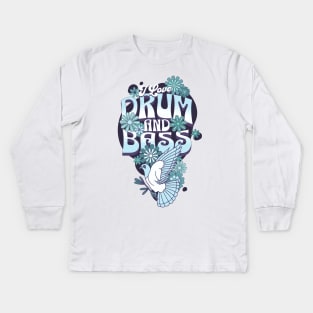 DRUM AND BASS - I Love Retro Bird (blue/eggplant) Kids Long Sleeve T-Shirt